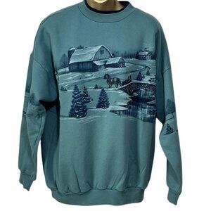 Vtg Artisans Sunschein Designs Winter Snow Cabin Horse Green USA Sweatshirt L